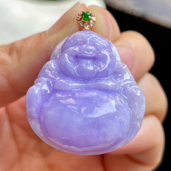 Icy Violet Jade Buddha Pendant with Gold Clasp
